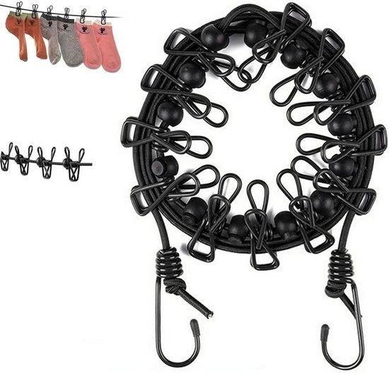 Linea da Stendibiancheria Portatile con 12 Fili e Clip Elastici