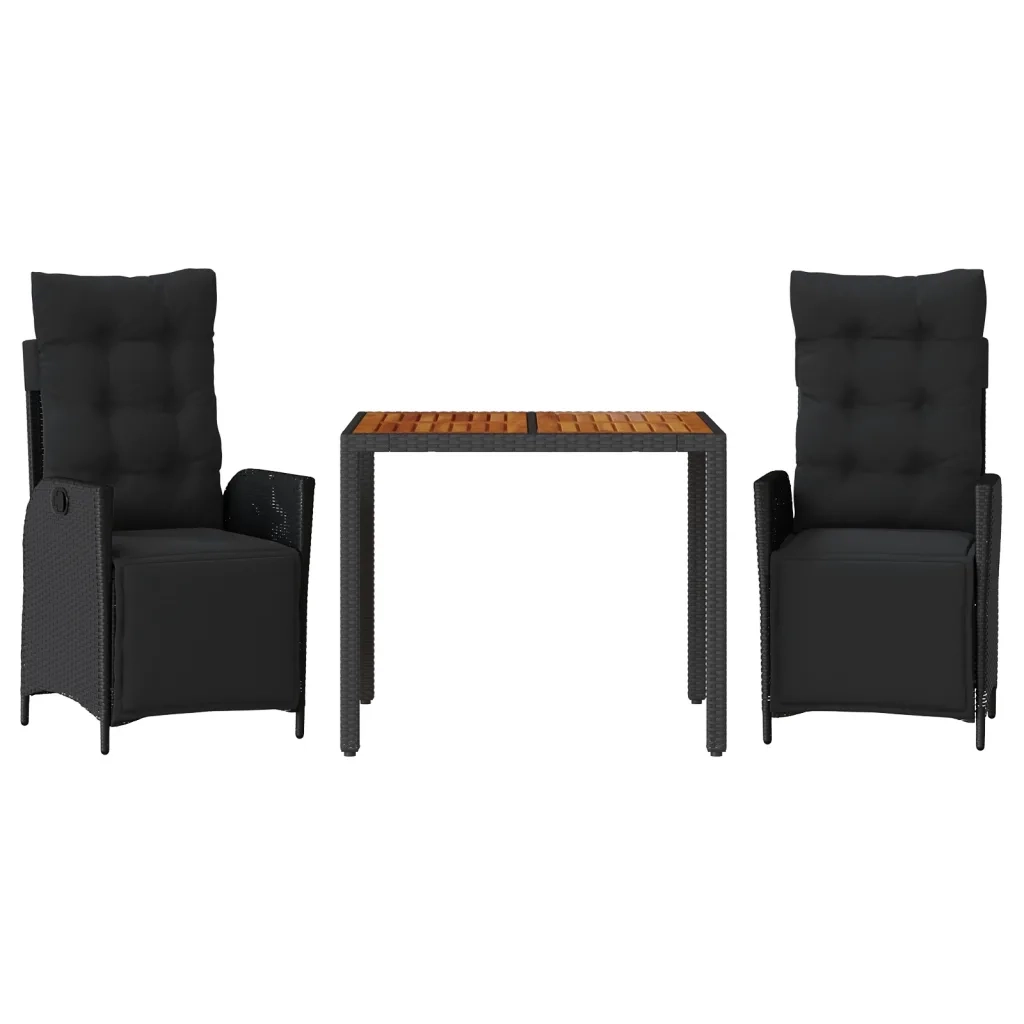 Set da Pranzo da Giardino 3 pz con Cuscini Nero in Polyrattan