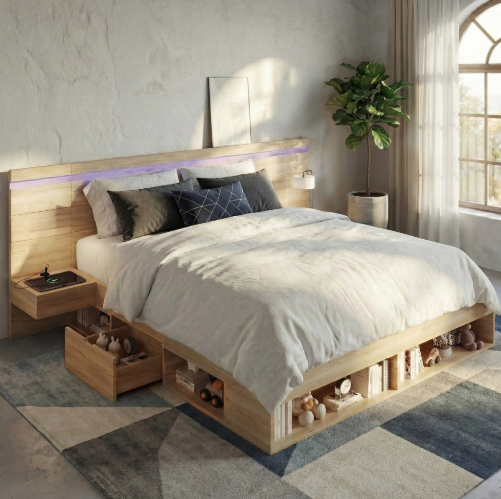Letto matrimoniale contenitore in MDF naturale con LED; USB e USB-C; con comodini integrati
