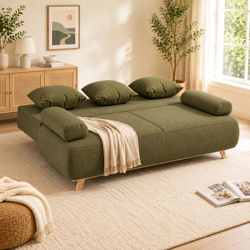 Divano letto 188x100x84 cm verde scuro con contenitore integrato –