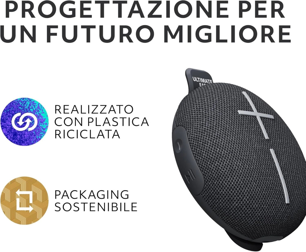 Ultimate Ears MINIROLL Altoparlante Bluetooth impermeabile ultraportatile, bassi potenti, resistente alla polvere IP67, raggio d’azione di 40 m - Nero