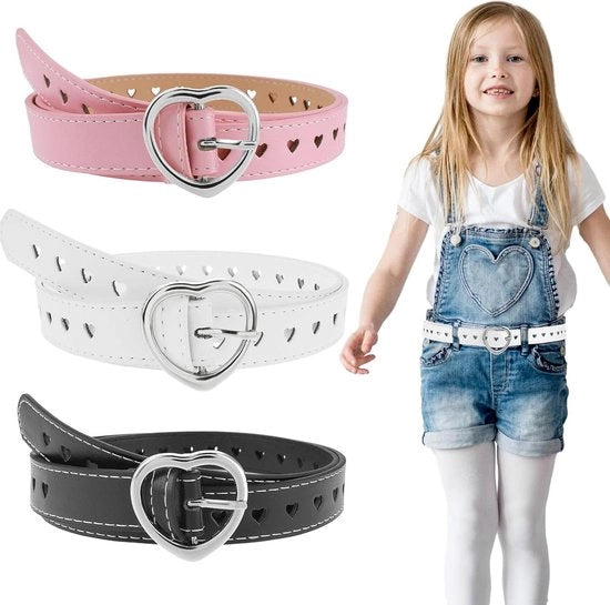 Set di Cinture per Bambine in Pelle PU di Alta Qualità con 3 Stili, Cinture con Motivi Carini, Cinture con Gancio a Cuore in Argento, Cinture con Regolazione della Cintura, Cinture per Bambine per Abiti, Gonna e Jeans (Rosso Bianco Nero) 1 39,7 x 1