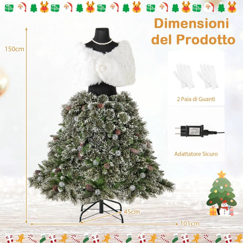 Albero di Natale Artificiale 150 CM con Manichino Pre-Illuminato, Albero di Natale a Forma di Abito con 465 Punte di Rami, 50 Luci a LED, 36 Pigne, Scialle, Collana