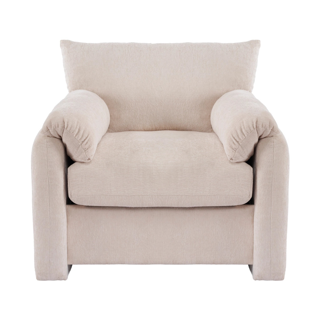 Poltrona singola in chenille beige; seduta 96x82x84 cm; struttura in legno e ferro