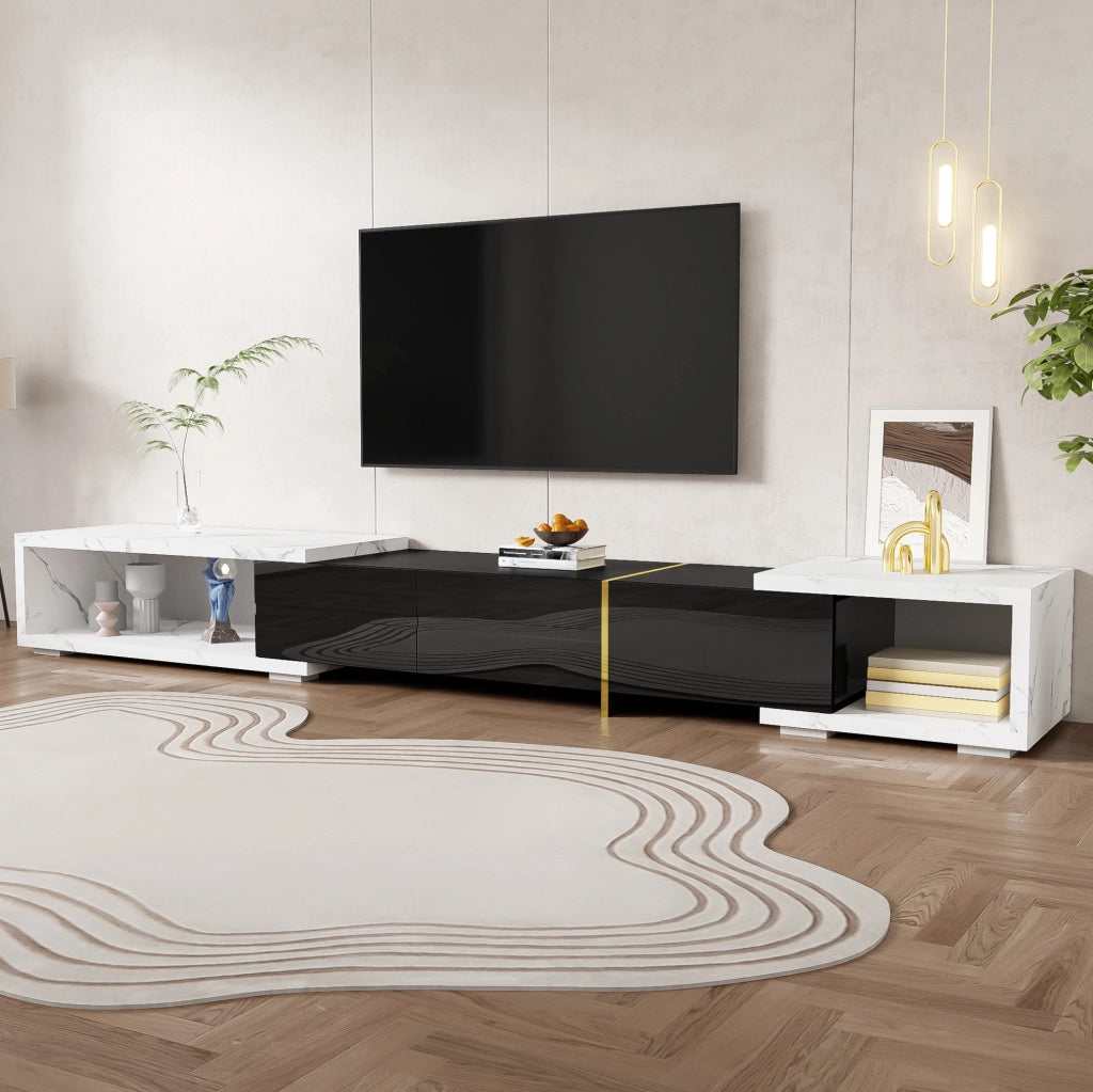 Mobile TV allungabile e girevole 140-260 cm; effetto marmo bianco e nero