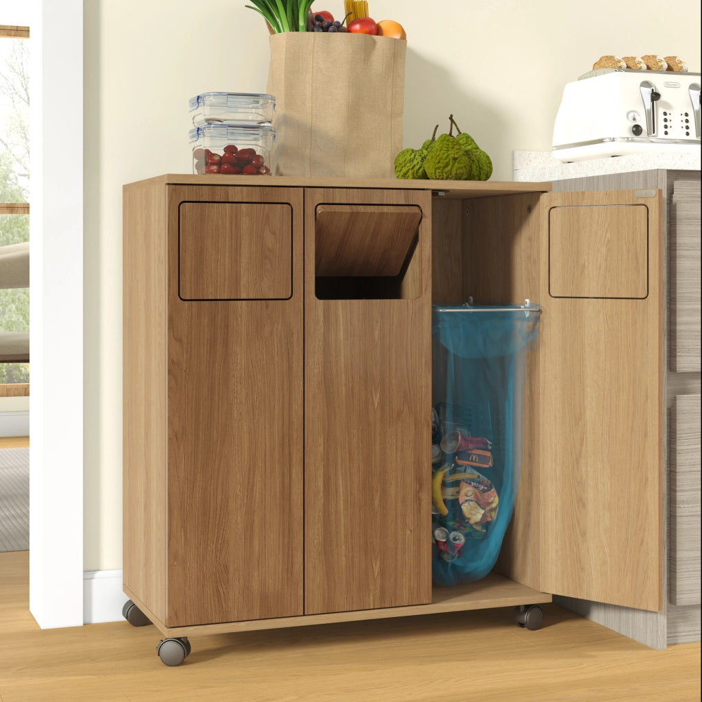Mobiletto per raccolta differenziata a 3 scomparti con ruote, effetto rovere, 69,3x35x80,3 cm
