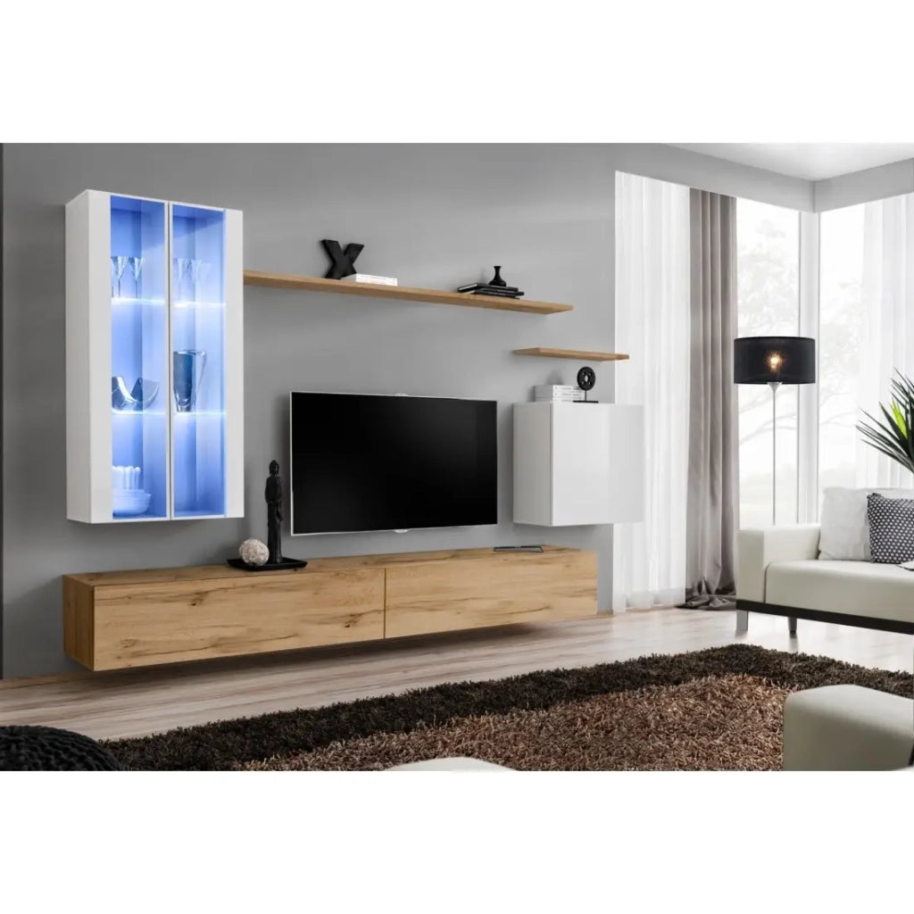 Mobile da soggiorno da parete SWITCH XII design, colore rovere Wotan e bianco lucido.