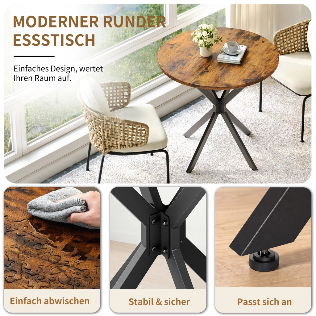 Tavolo da pranzo - stile industriale - gambe a X - Ø80 cm - marrone antico/nero - per cucina e home office