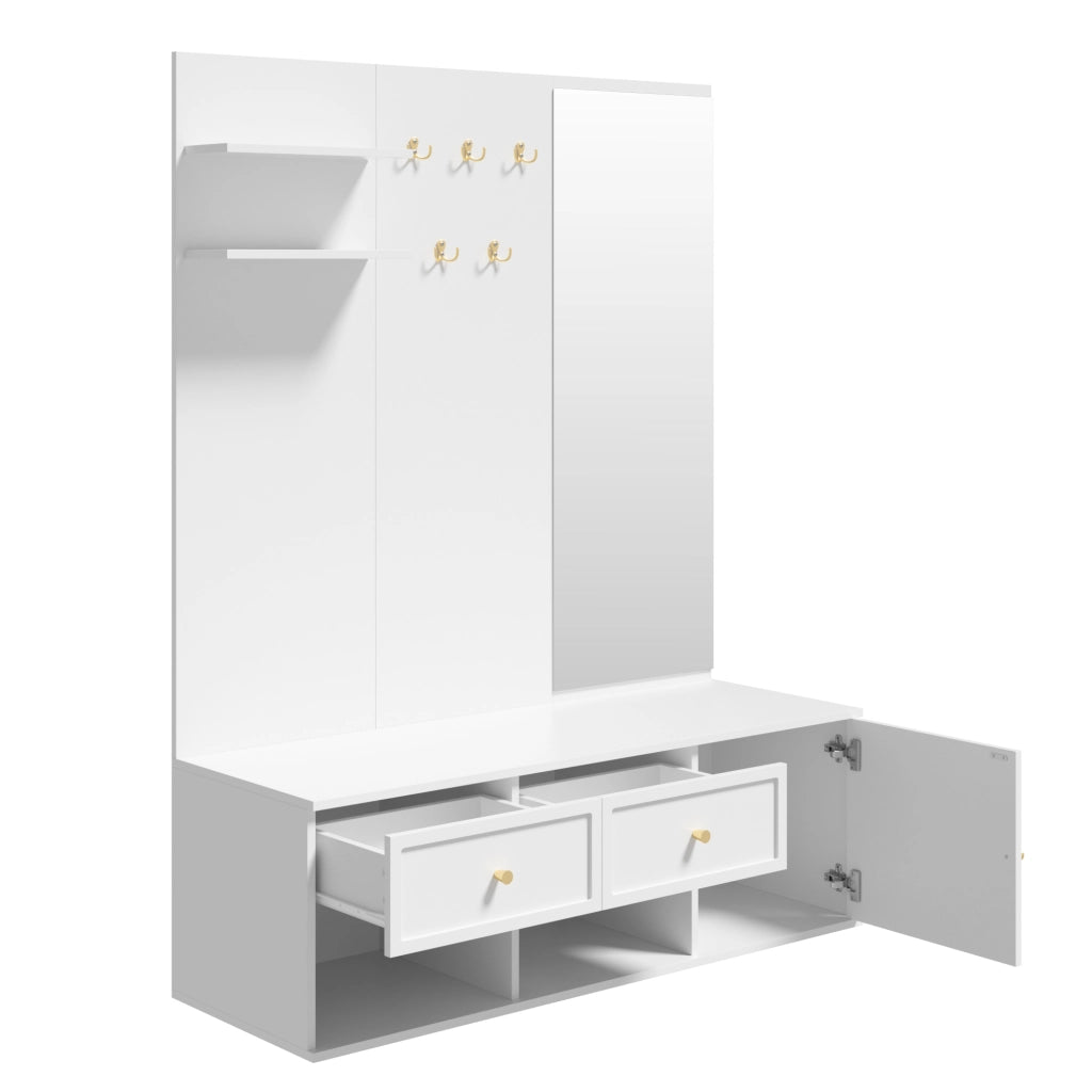 Set ingresso multifunzione con specchio, ripiani, cassetti e ganci, 120 x 35 x 159 cm, bianco