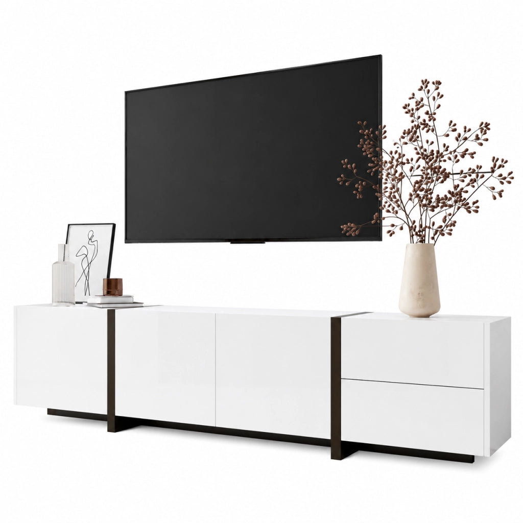 Mobile TV 170x30x39 cm; finitura lucida con 3 ante; 1 cassetto e ribalta; truciolato bianco