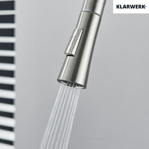 JANA | Rubinetto da cucina estensibile Premium in acciaio inox argento spazzolato | Rubinetto miscelatore ad alta pressione girevole a 360° 2 attacchi