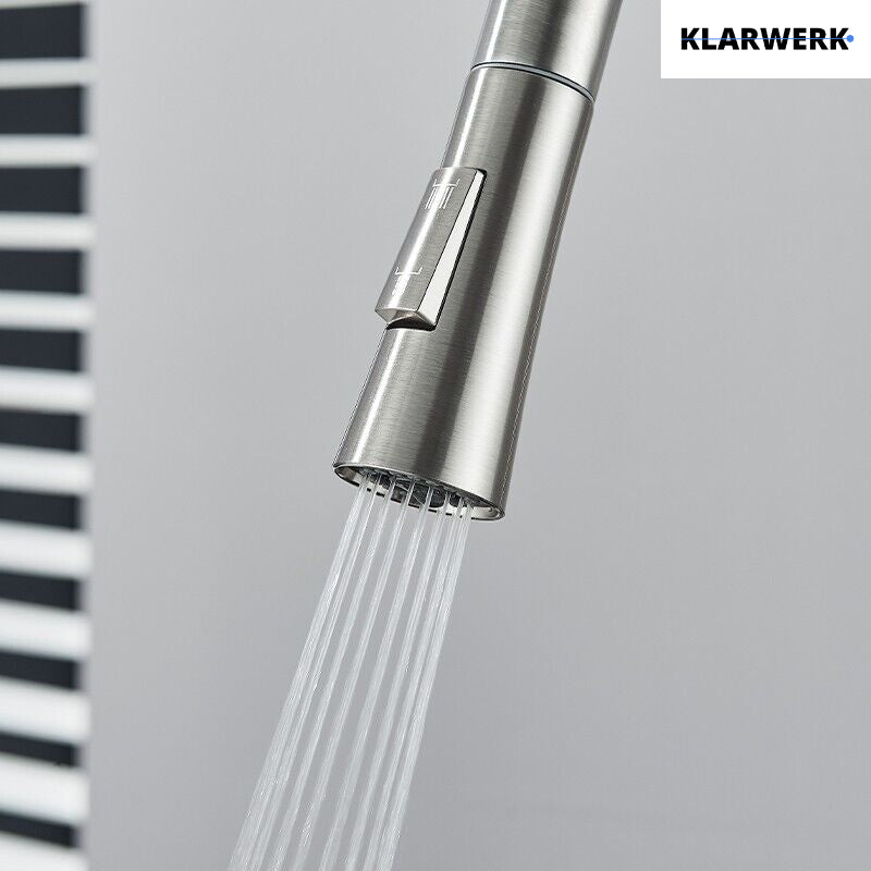 JANA | Rubinetto da cucina estensibile Premium in acciaio inox argento spazzolato | Rubinetto miscelatore ad alta pressione girevole a 360° 2 attacchi