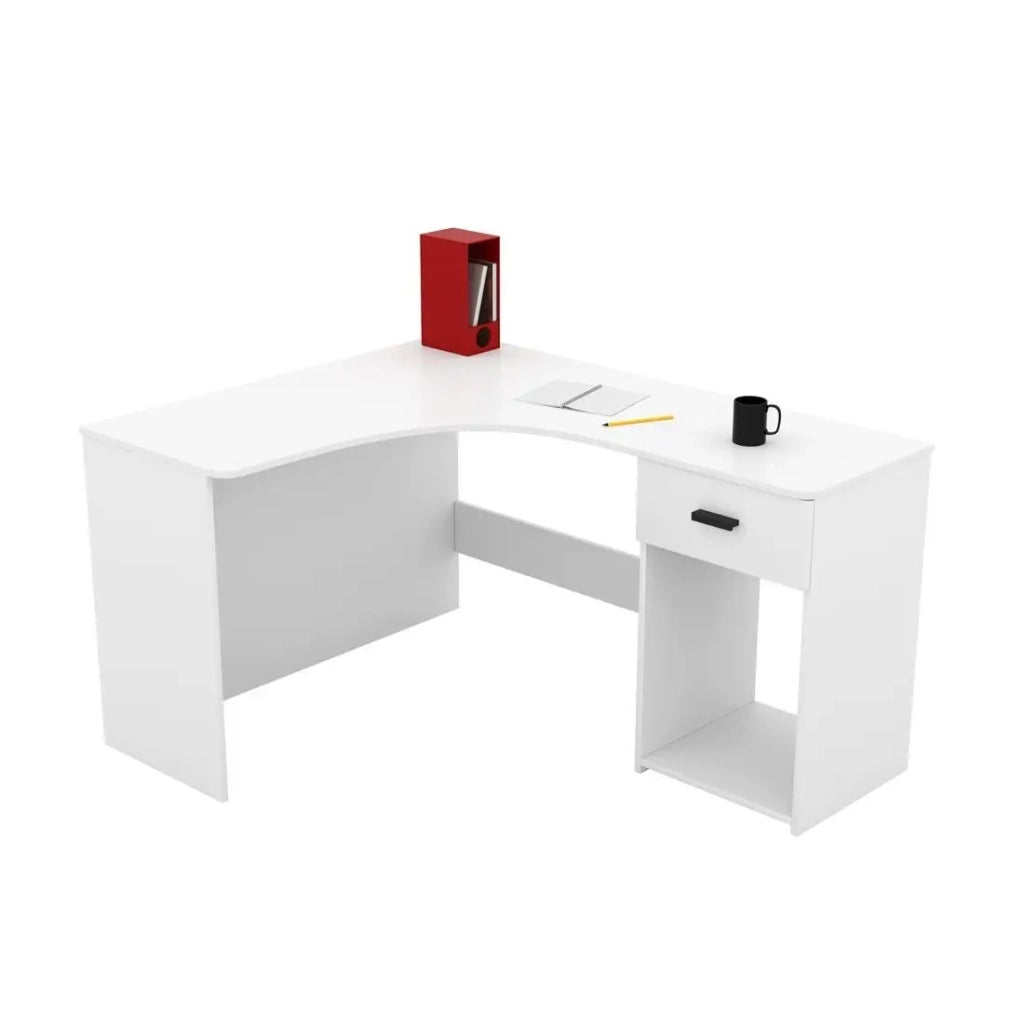 Scrivania ad angolo LOUANE - Bianco opaco - Design moderno con cassettiera e vano portaoggetti