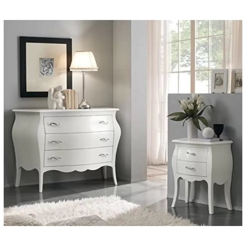 Gruppo 1 cassettiera 2 comodini bombati legno shabby bianco maniglia cromata - Mobili 2G