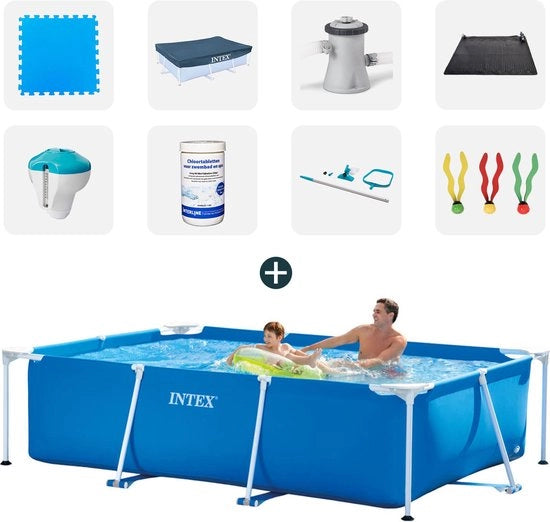 Piscina Intex - Set completo - 260x160x65 cm - Compreso tegoli per piscina - Copertura solare - Pompaggio - Mat di solare - Distruttore di cloro + termometro - Pastiglie di cloro - Set di manutenzione - Giocattoli per immersioni