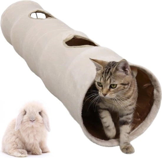 Tunnel Opvougbile per Gatti con 2 Fori e Giocattolo per Gatti, Gattini, Conigli, Cavi, 120 x 25 cm, Beige