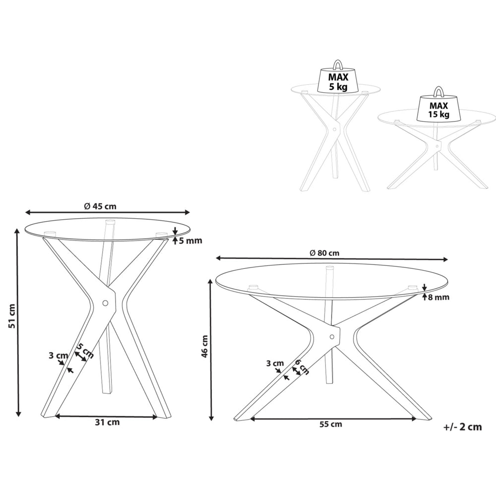 Set di 2 tavolini da caffè Legno chiaro Piano in vetro temperato Gambe in legno di gomma Rotondo Soggiorno moderno