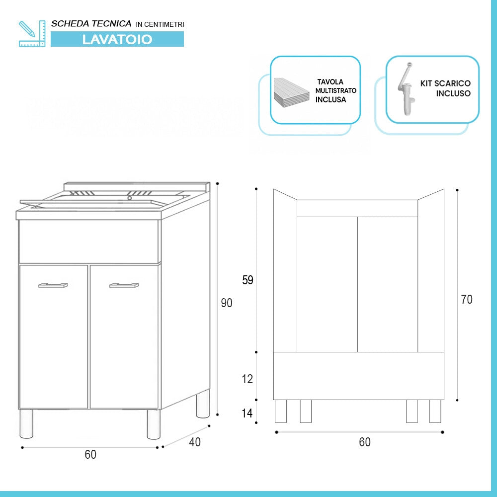 Mobile lavatoio 60x40 cm bianco opaco con due ante e vasca incluso di asse di lavaggio e kit di scarico Medea