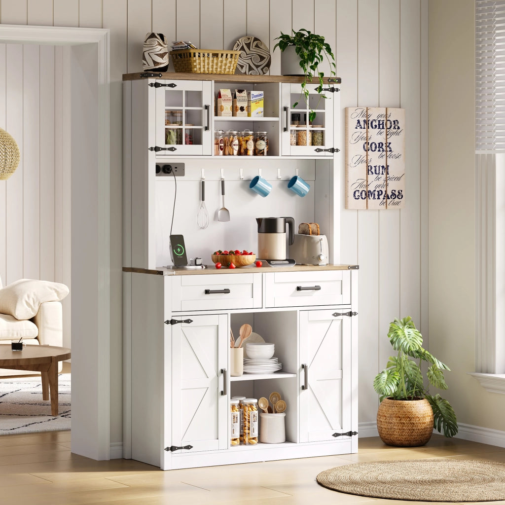 Credenza da Cucina con 2 Cassetti; 4 Vani; Ripiani Regolabili; LED e Prese; in MDF; Marrone e Bianco