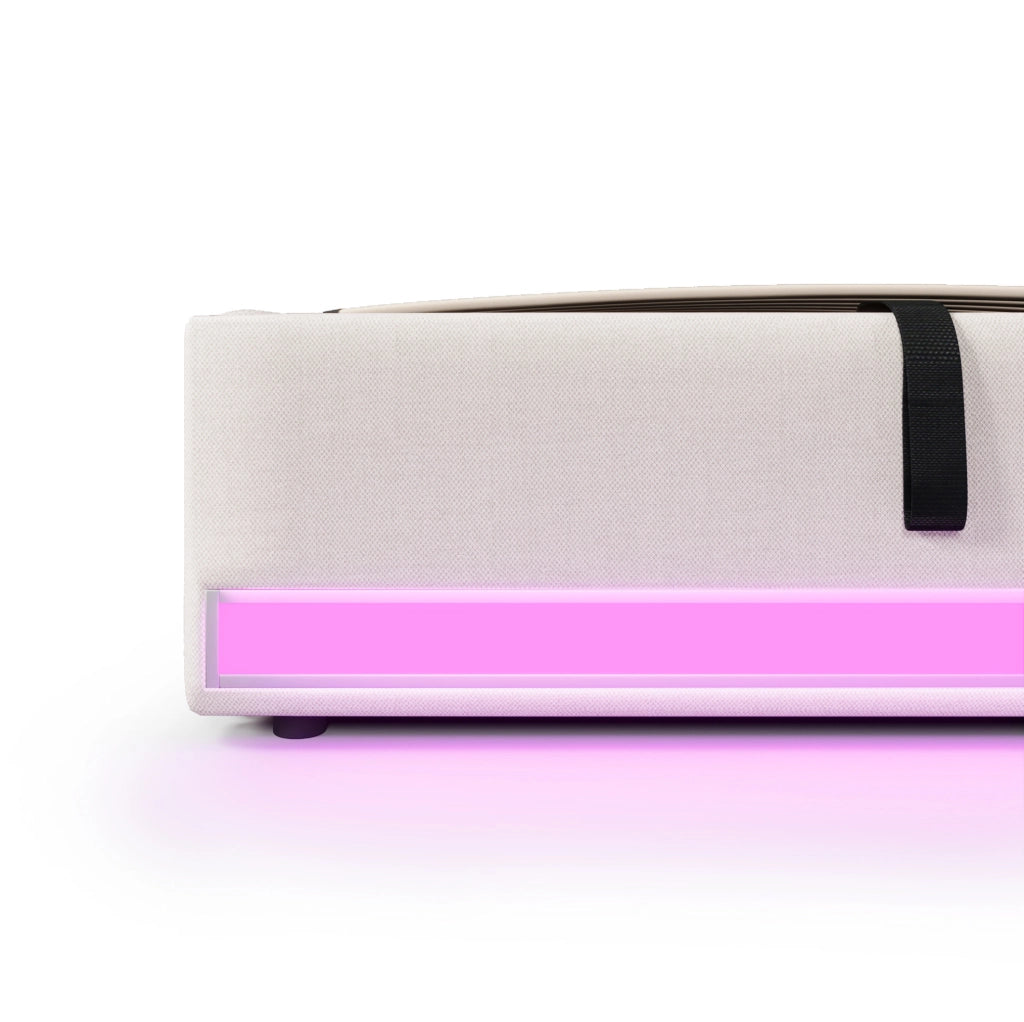 Letto imbottito 90x200 cm in lino con LED; porte USB e Type-C; contenitore idraulico; beige