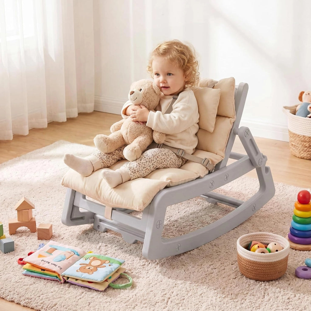 Sedia a Dondolo Bambini, Schienale Regolabile, con Cucino (Grigio) | Sdraietta a Dondolo, Poggiatesta Rimovibile e Cintura 5 Punti, Portata 80 kg, per Bambini 6+ Mesi
