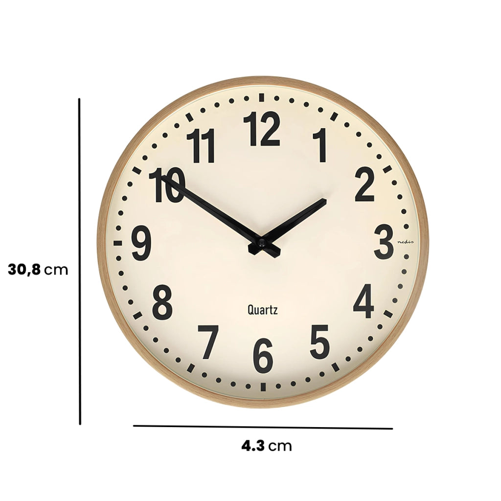Orologio da Parete Silenzioso 30 cm Effetto Legno Grandi Numeri Facile da Leggere Beige Nedis