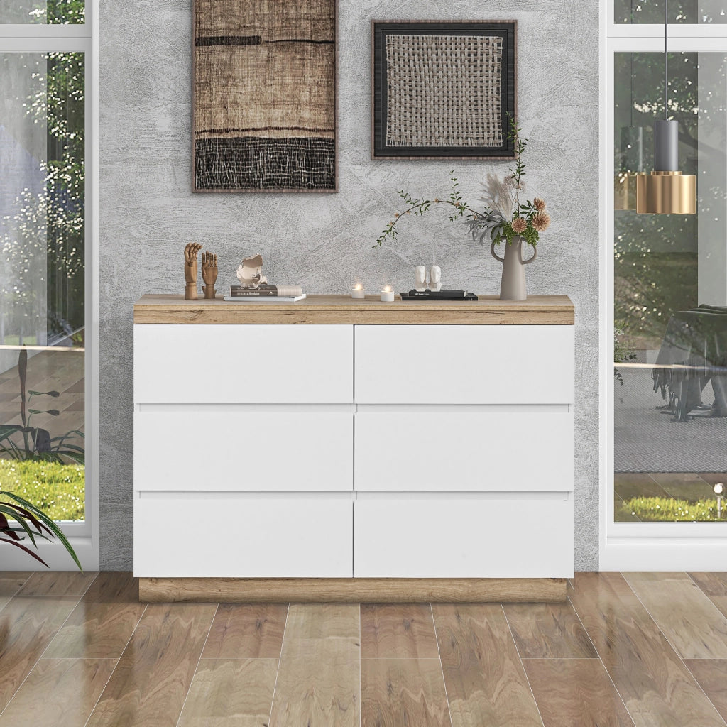 Cassettiera a 6 cassetti bianco e rovere, in truciolare E1, design classico con ampio spazio contenitivo