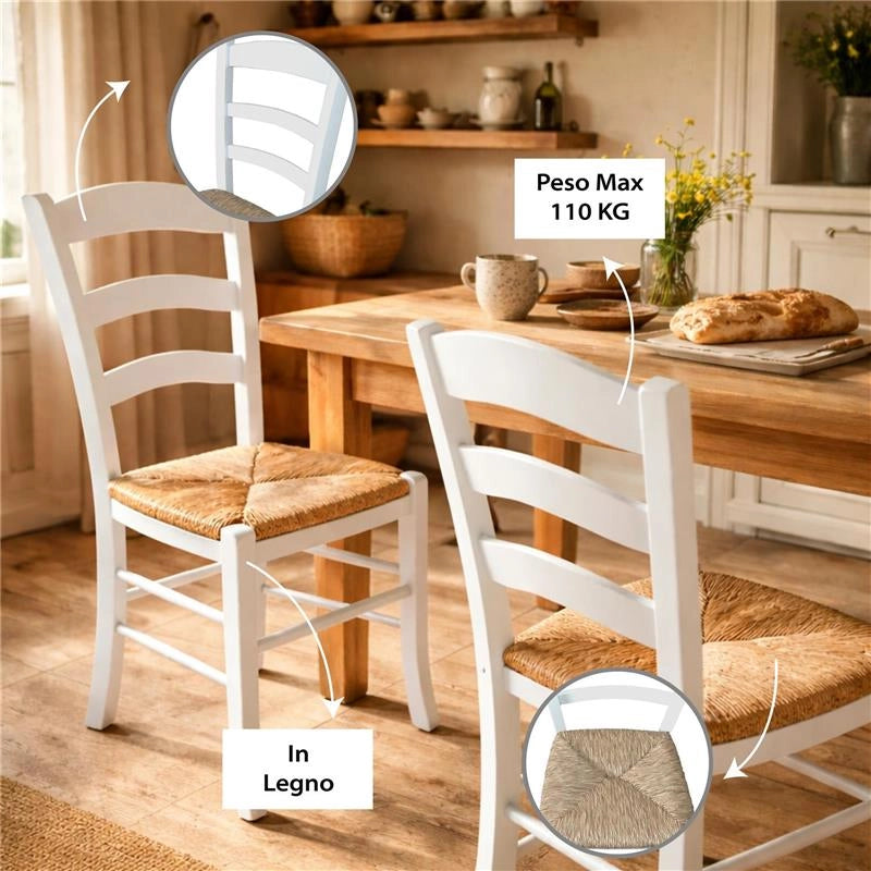SET 4 SEDIE PAESANA IN LEGNO CON SEDUTA IN PAGLIA E SCHIENALE ALTO 42X40X87H CM COLORE BIANCO