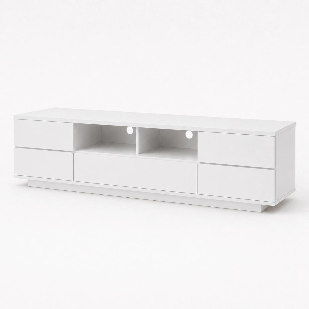Mobile Porta TV Bianco Con 4 Ante 1 Anta A Ribalta 2 Vani A Giorno Con Passacavi Design Moderno In MDF Mobile Per Soggiorno Salotto Zona Living 180 x 38 x 46 Cm