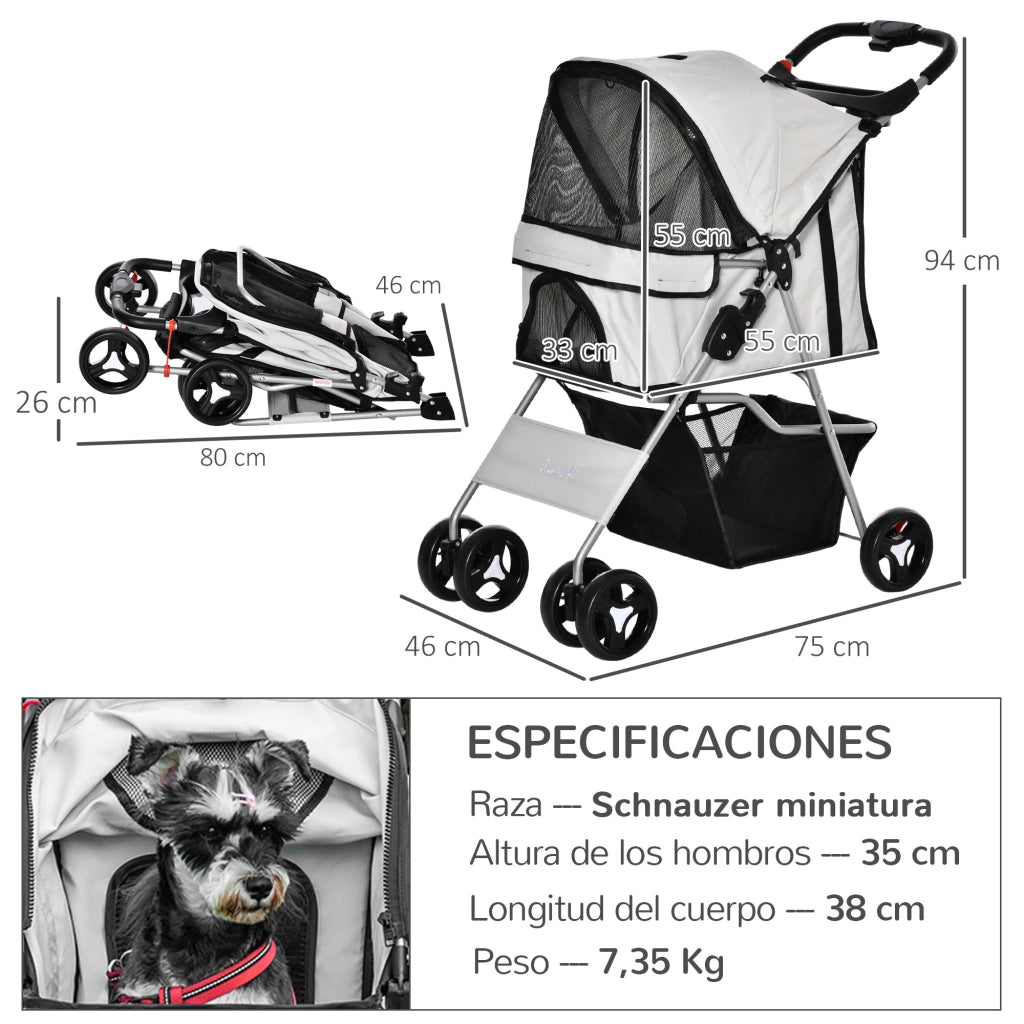 Carrello Portaoggetti per Cani con Toldo Regolabile ¨C zephmum ¨C Grigio 77x45x99,5 cm