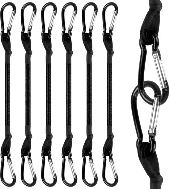 Set di 6 cinture di espansione con gancio, 30 cm, con gancio di tiraggio, per teli di ombrello, carrello di carico, camper, tettuccio, nero