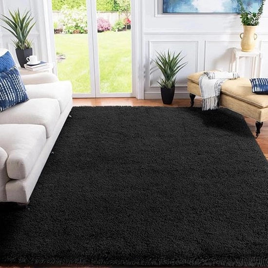 Tappeto per soggiorno, coperta per letto, tappeto moderno morbido e soffice per cameretta con fondo antiscivolo, lavabile, 80 x 160 cm, nero