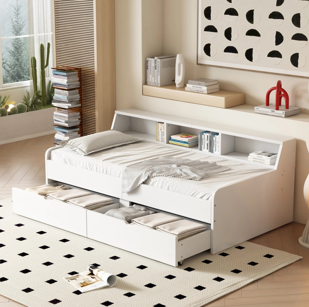 Letto daybed 90x200 cm con 2 cassetti e vani contenitore, bianco
