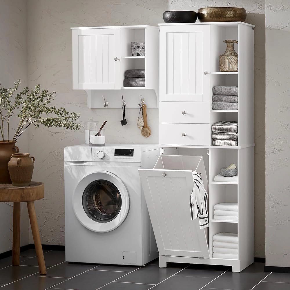 Mobile Bagno con Cesto per Linge Mobile Rangemento Alto Armadio Bagno con 6 Ripiani e 2 Cassetti Mobiletto Salvaspazio Bianco 60x37x171 cm BZR104-W