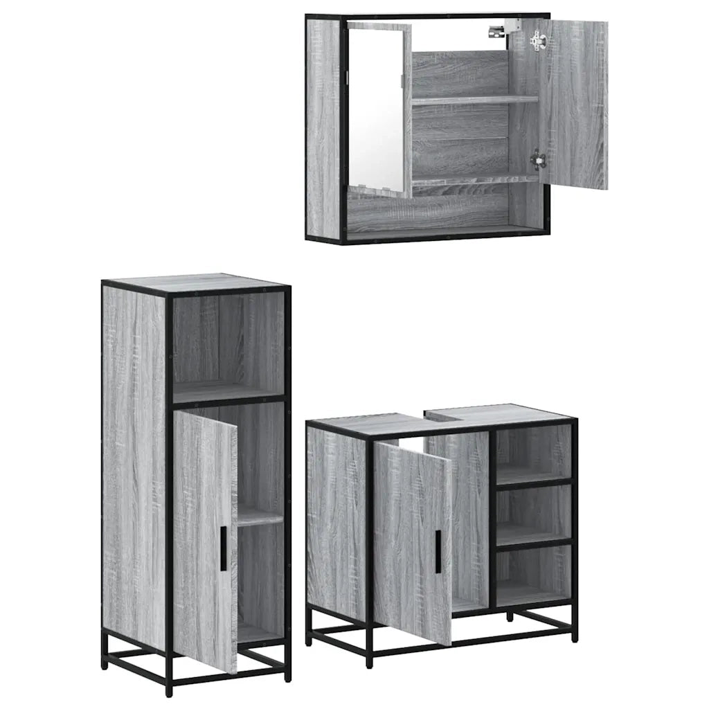 Set Mobili da Bagno | Armadio da bagno 3 pz Grigio Sonoma in Legno Multistrato