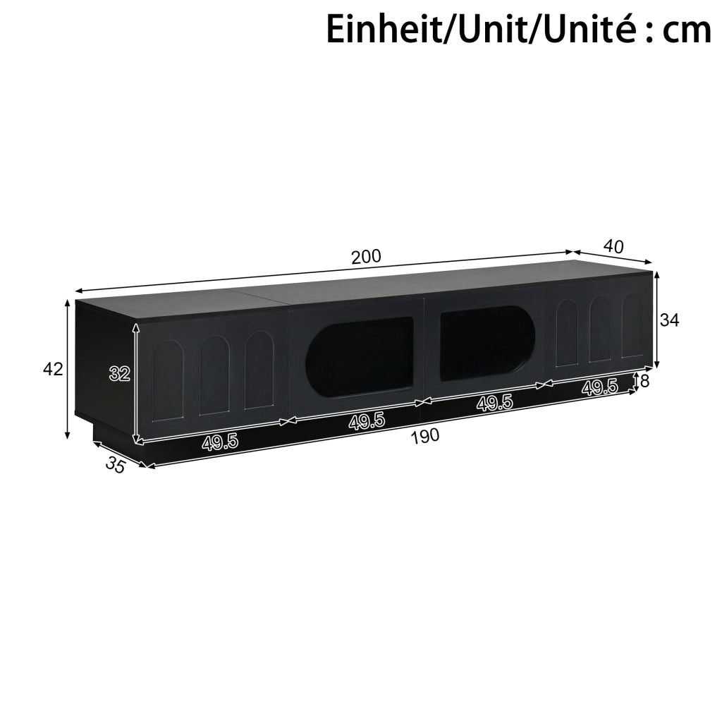 Mobile TV basso con LED APP; 200x40x42 cm; MDF e truciolare; nero