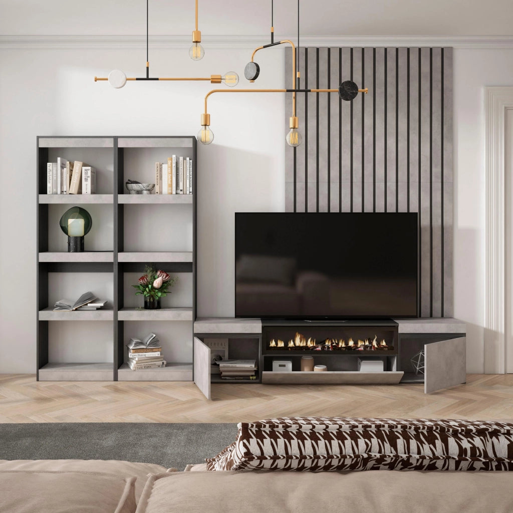 Mobile TV, Soggiorno, 320x35x186cm, Per TV fino a 80", Camino elettrico, grigio cemento RF3150