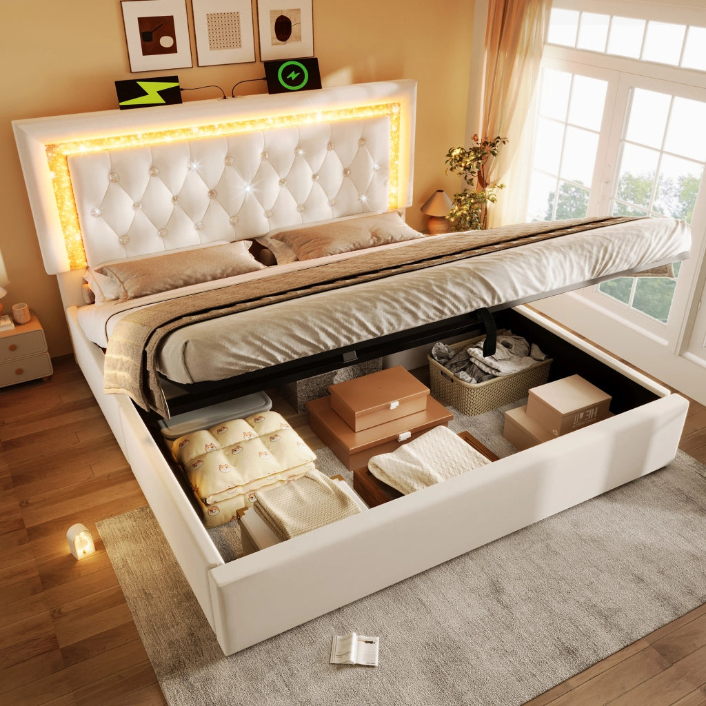 LETTO Contenitore 160x200 cm in velluto beige con materasso, LED, USB e Type-C
