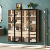 Set di 2 Armadietti Multiusi da Bagno con Illuminazione LED, 2 Cassetti e Ante, Vetro Satinato, 74×36×155 cm, Naturale