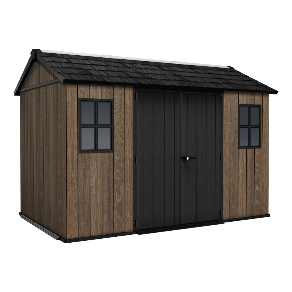 Apex 7511/1175- Casetta da Giardino 350x246x230 cm 2 Ante per deposito attrezzi finitura effetto legno Evotech+ in Resina Marrone e Nero