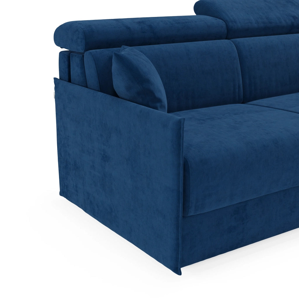 Miryam divano letto angolare compatto - poggiatesta reclinabili e penisola contenitore in tessuto smacchiabile T31 252 cm destro blu