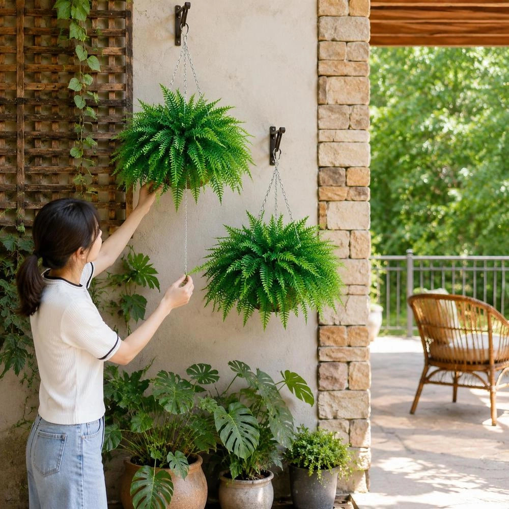 Artificial Ferns, 2 Pcs Fake Hanging Boston Fern Bush Plant With 23 Inch Hanging Length, Plastic Faux Greenery For Indoor And Outdoor Decor, For Wall, Wedding Party, Home, Porch Garden, Office