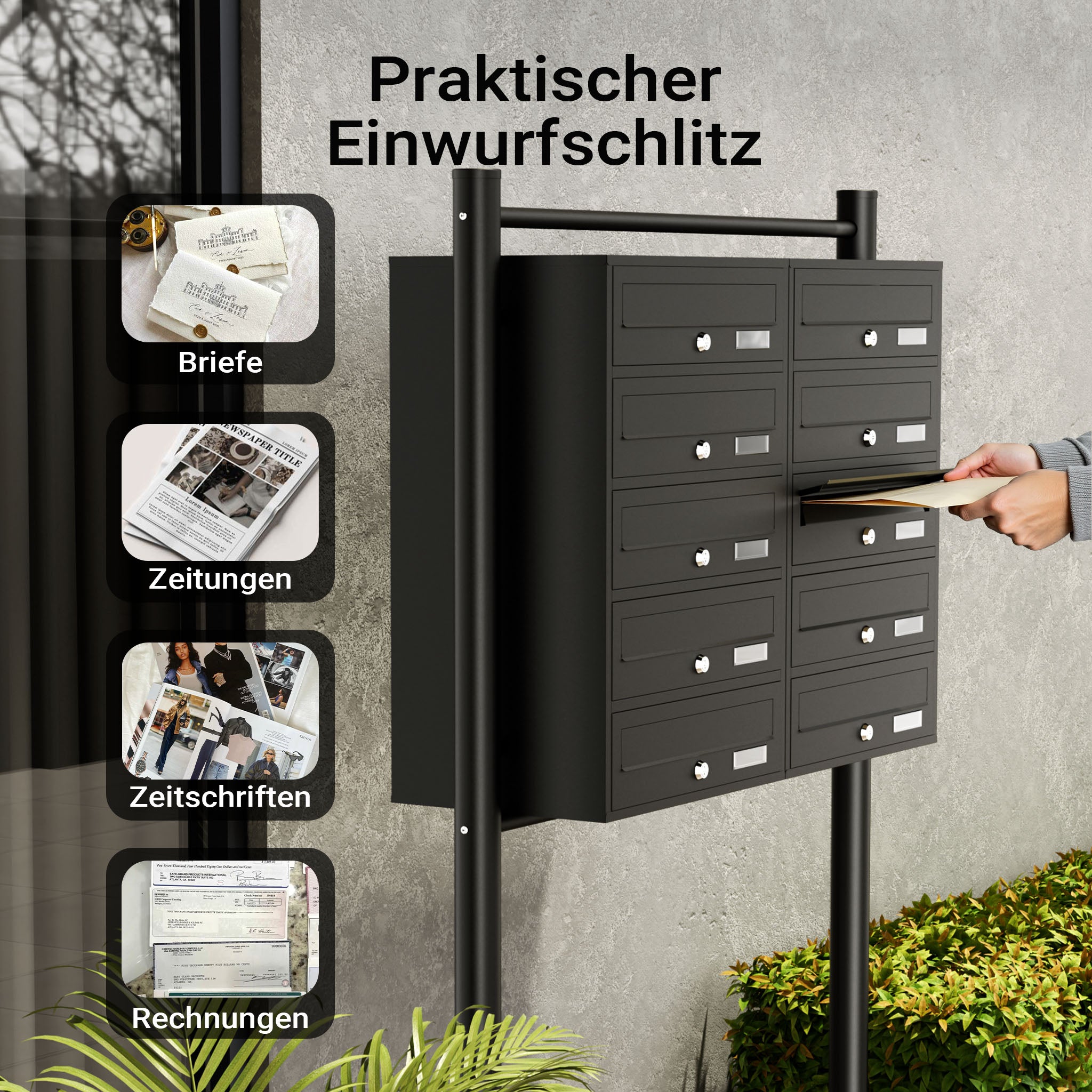 Cassetta postale condominiale autoportante, 10 posti, nero, 945 x 270 x 1500 mm 2 moduli