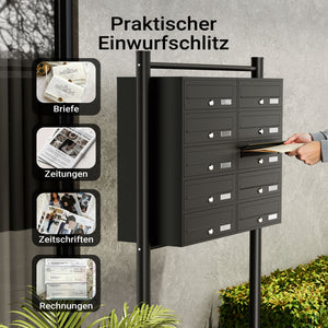 Cassetta postale condominiale autoportante, 10 posti, nero, 945 x 270 x 1500 mm 2 moduli