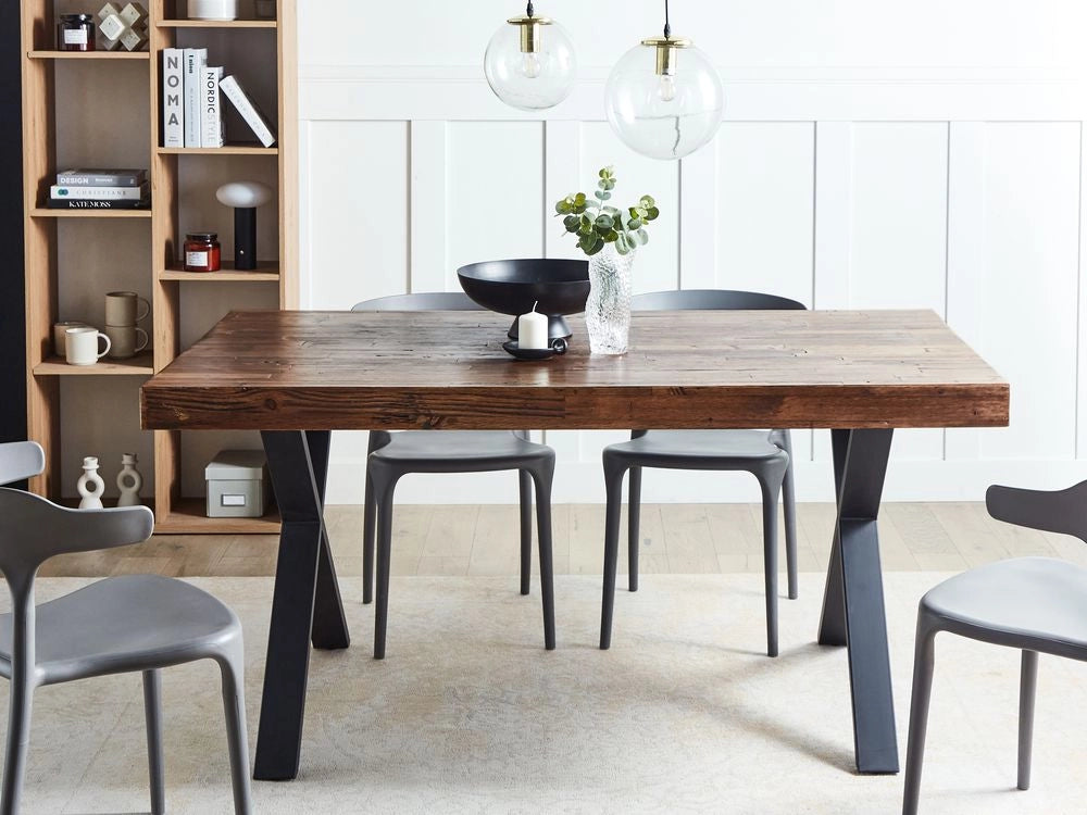 Tavolo da pranzo in legno di pino scuro MDF 160 x 90 cm Gambe stabili in metallo nero Sala da pranzo Soggiorno Stile industriale