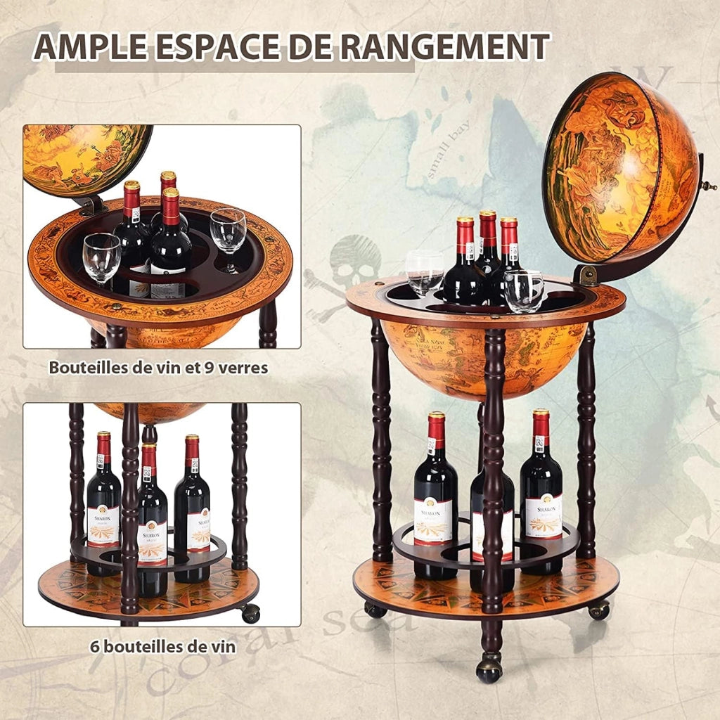 Mappamondo Bar con Ruote Mobile Porta Liquori, con Stile Retrò (Marrone 47 x 47 x 90 cm)