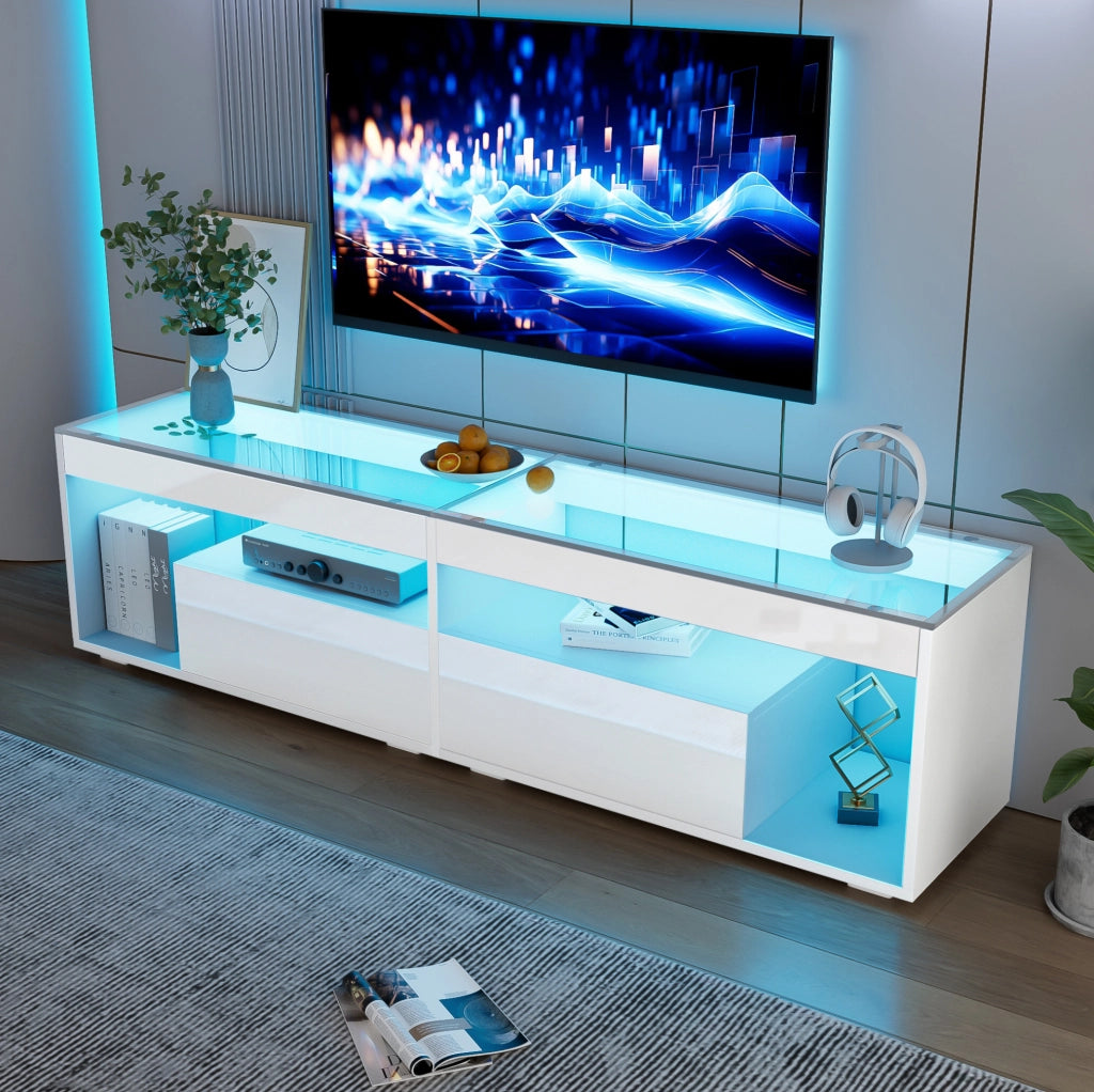 Mobile TV lucido bianco con LED e due cassetti
