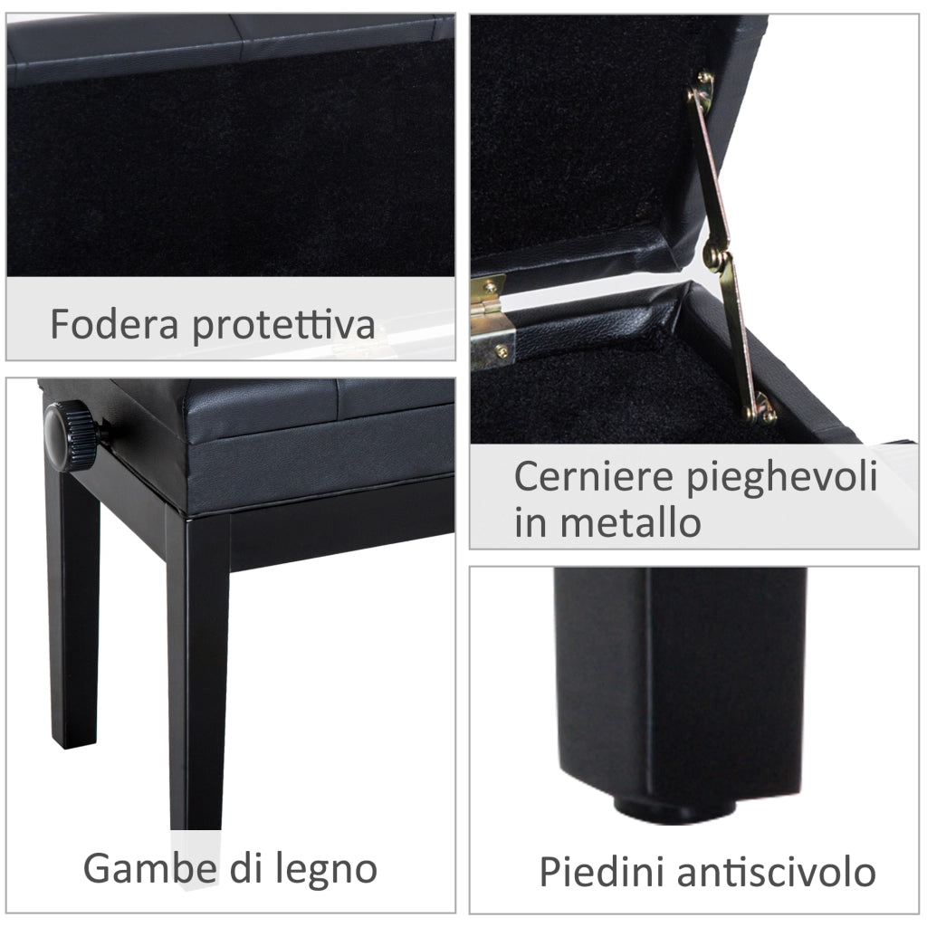 Sgabello da Pianoforte con Vano Contenitore in Legno e Pelle PU ¨C zephmum ¨C Nero 54.5x33x48-58 cm