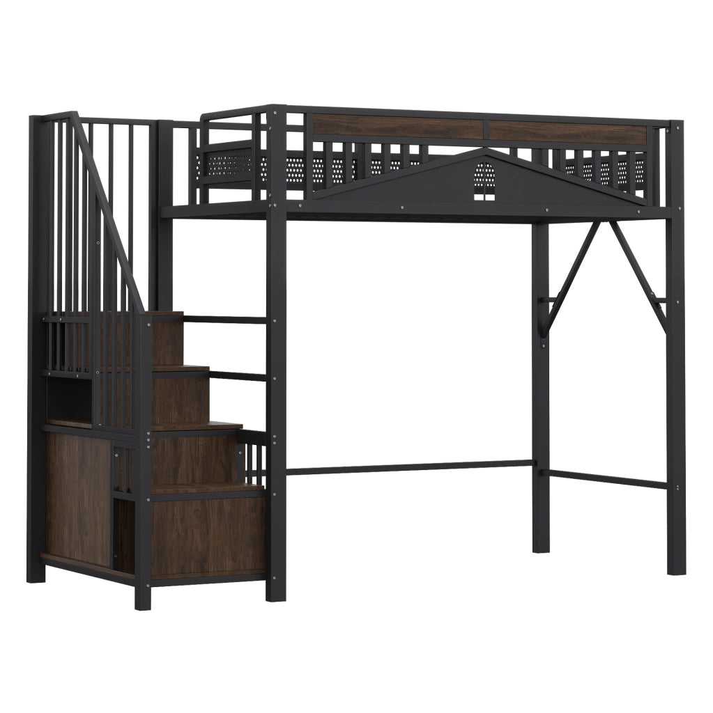 Letto a soppalco in metallo 90x200 cm con scale portaoggetti e armadietto; nero
