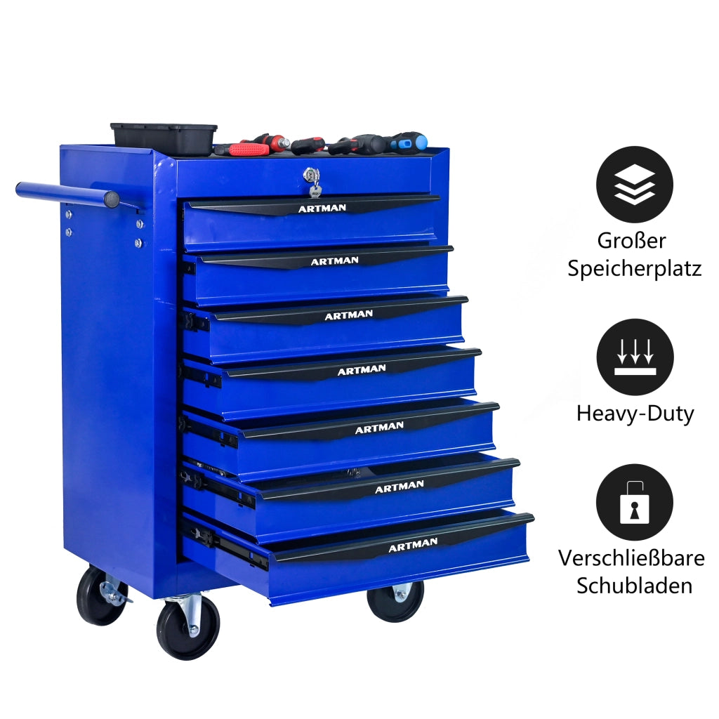 Cassettiera con ruote in acciaio con 7 cassetti e guide a sfere per garage e officina nero e blu 60 × 33 × 77,5 cm